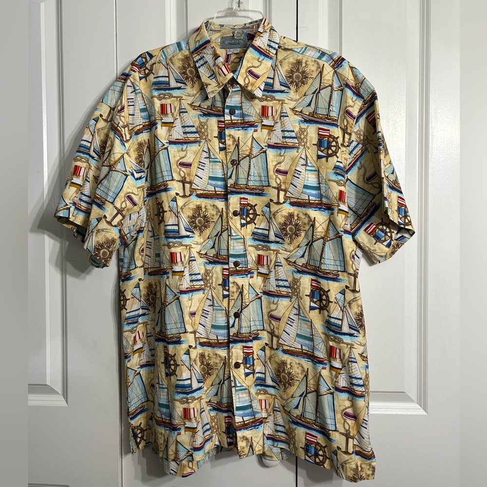 Vintage High Seas Trading Co. Sailboats Print Hawaiian Shirt Size XL